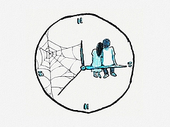 Symbolbild Wartezeit Psychiatrie: Zwei Jugendliche sitzen auf dem Zeiger einer Uhr, die schon mit Spinnweben verhangen ist