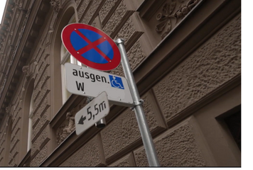 Das Verkehrsschild weist auf den personenbezogenen Behindertenparkplatz des Beschwerdeführers hin.