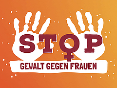 zwei Handabdrücke mit Aufschrift: STOP - 25. November - Internationaler Tag zur Beseitigung von Gewalt gegen Frauen