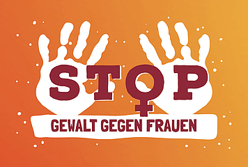 zwei Handabdrücke mit Aufschrift: STOP - 25. November - Internationaler Tag zur Beseitigung von Gewalt gegen Frauen