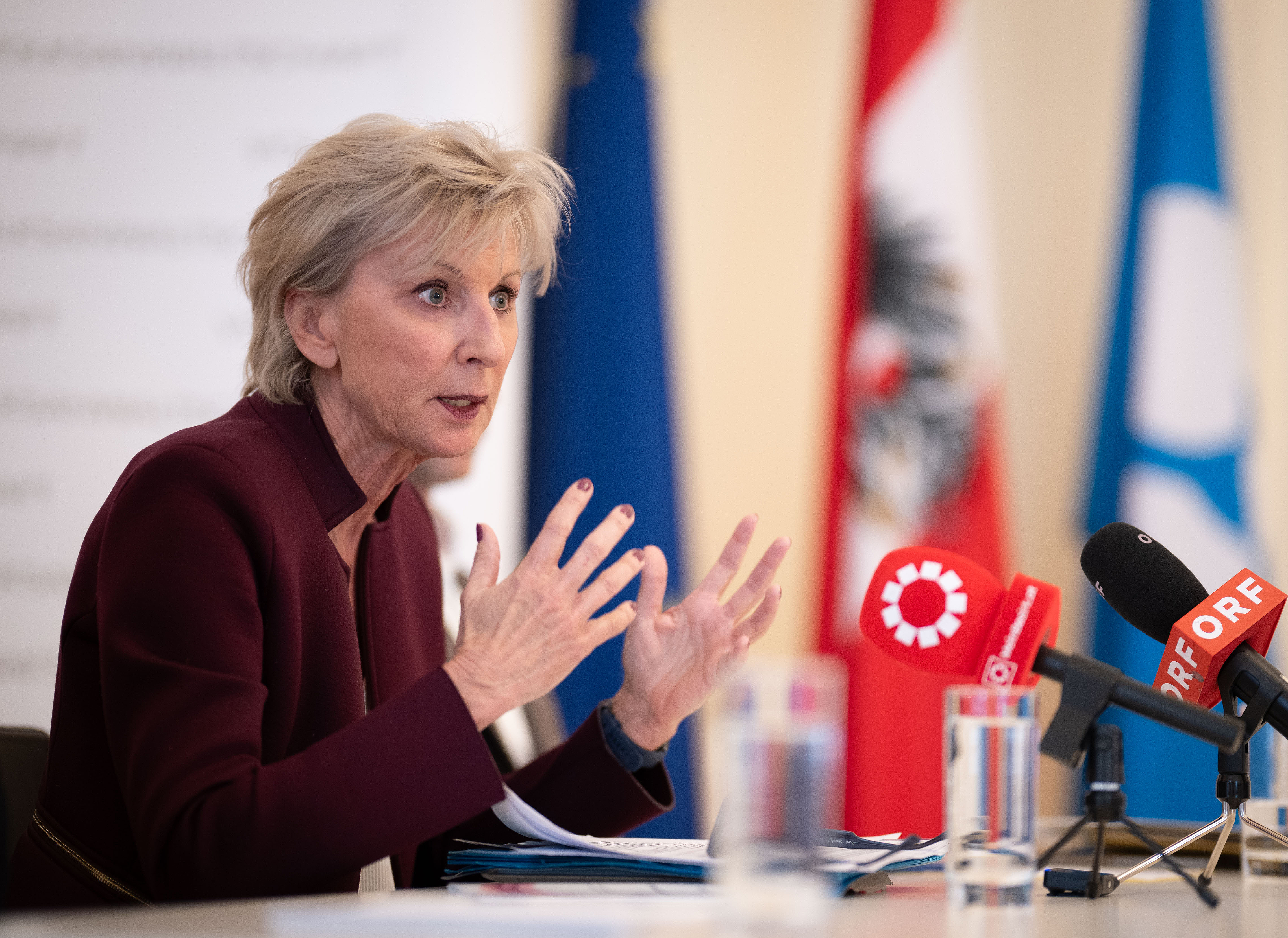 Volksanwältin Gaby Schwarz sitzt an einem Tisch und spricht in Mikros.