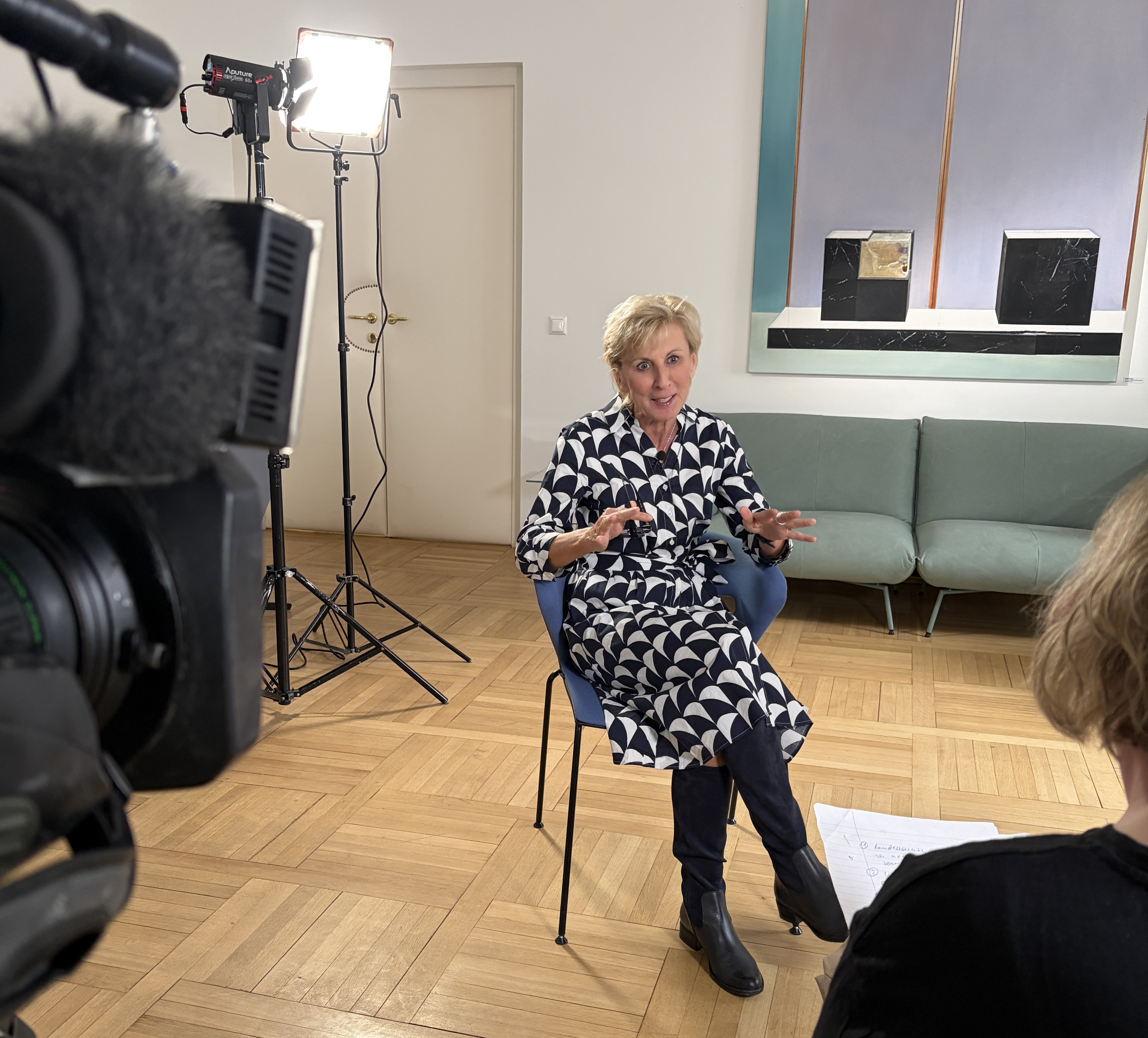 Volksanwältin Gaby Schwarz sitzt auf einem Stuhl in ihrem Büro und gibt ein TV Interview.