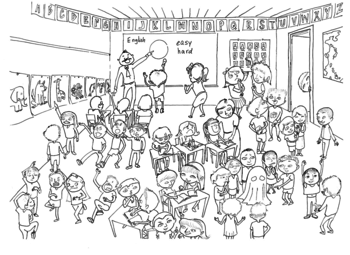 Zeichnung eines Klassenraumes voller Schüler in chaotischen Situationen