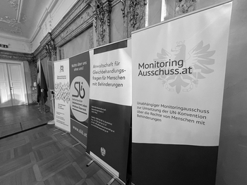 Display panels of the Austrian Disability Council, the Disability Ombudswoman, the Austrian Initiative for Independent Living (SLIOE) and the Independent Monitoring Committee for the Implementation of the UN CRPD.